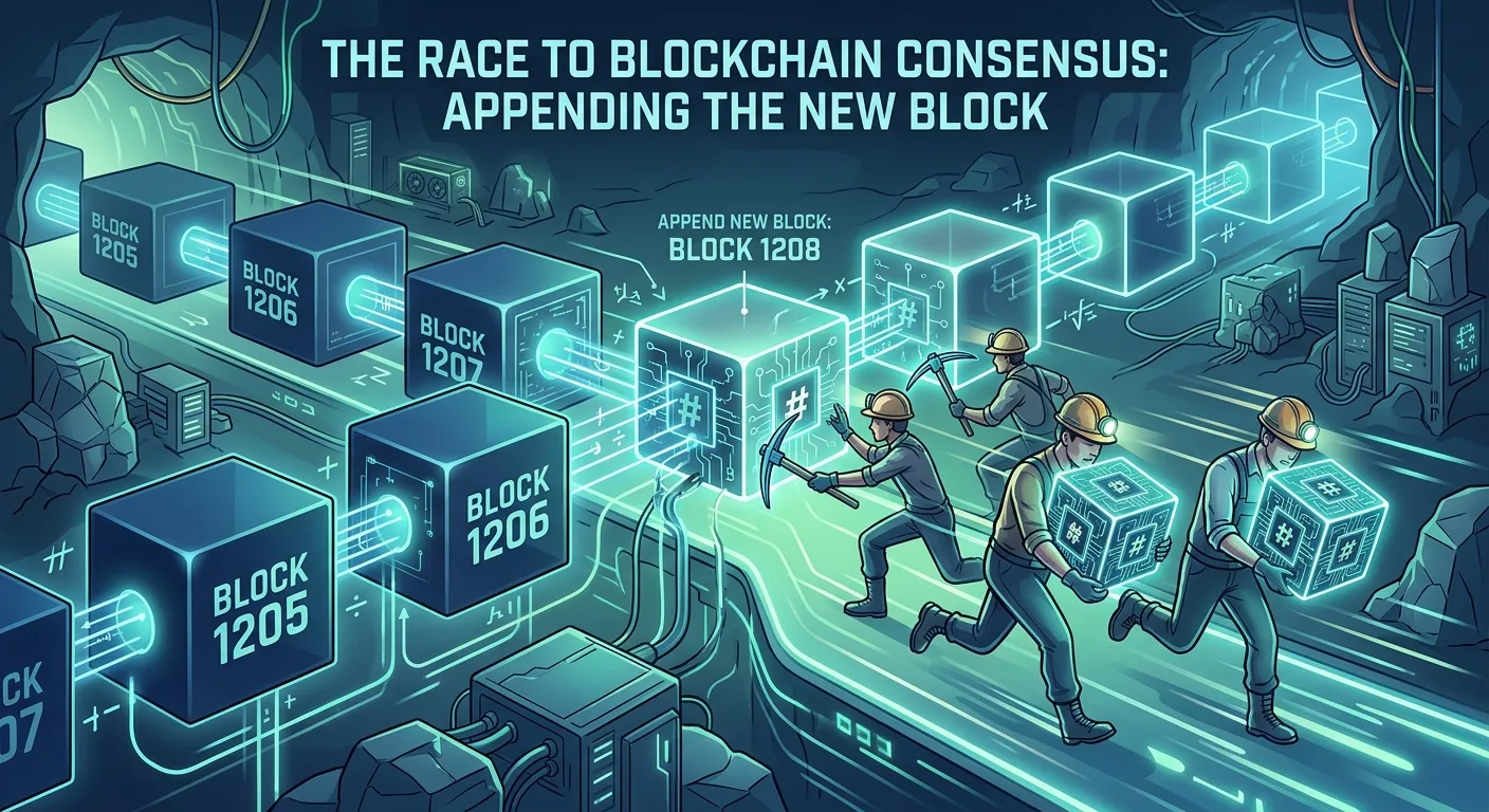 Illustration of miners racing to append a new block to a chain of cryptographic hashes